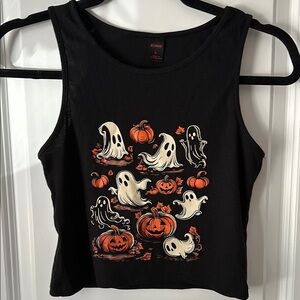 ROMWE Black Sleeveless Crop Tank Top with Halloween Graphics